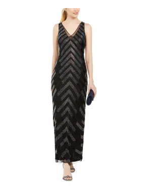 ADRIANNA PAPELL Womens Beaded Sleeveless V Neck Maxi Formal Sheath Dress