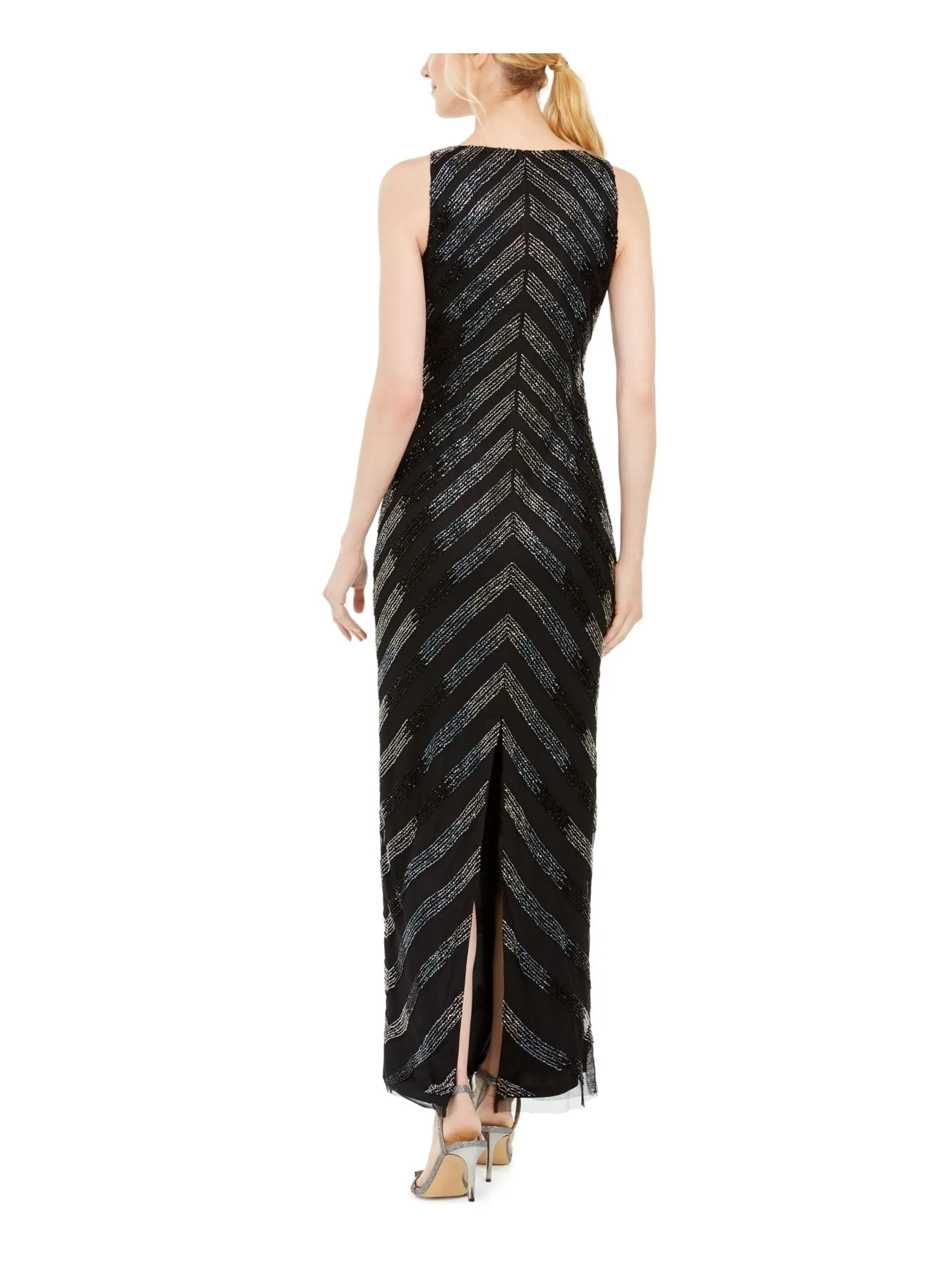 ADRIANNA PAPELL Womens Beaded Sleeveless V Neck Maxi Formal Sheath Dress