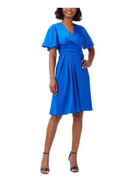 ADRIANNA PAPELL Womens Blue Pleated Zippered Flutter Sleeve Surplice Neckline Above The Knee Cocktail Fit   Flare Dress