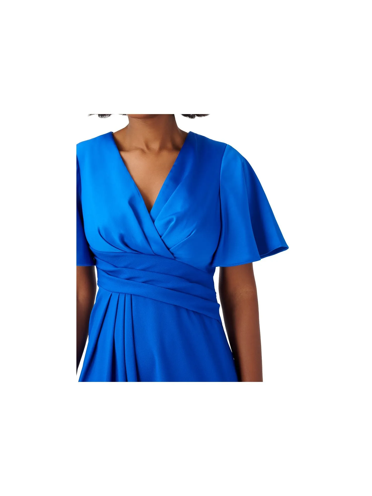 ADRIANNA PAPELL Womens Blue Pleated Zippered Flutter Sleeve Surplice Neckline Above The Knee Cocktail Fit   Flare Dress