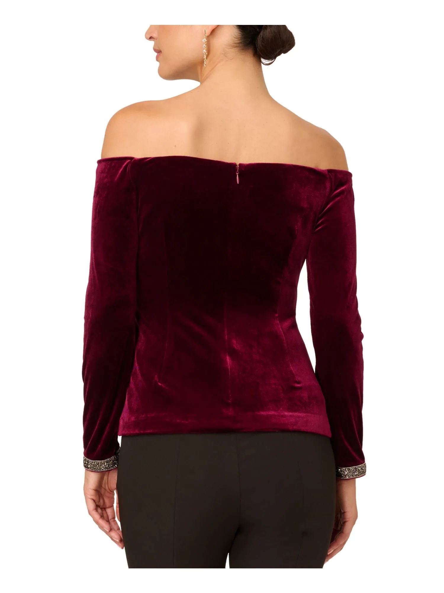 ADRIANNA PAPELL Womens Burgundy Rhinestone Pleated Zipped Sleeve And Back Lined Long Sleeve Off Shoulder Party Top