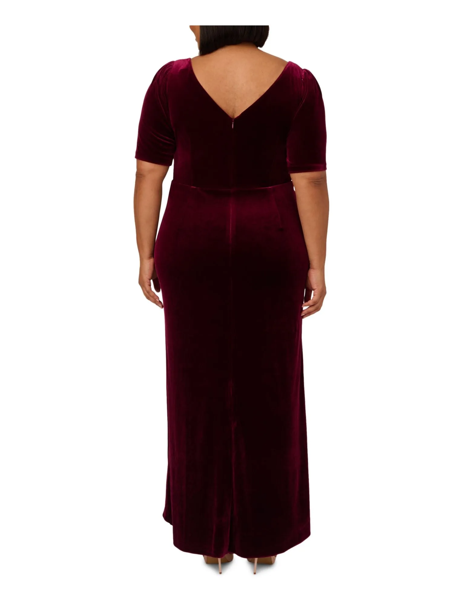 ADRIANNA PAPELL Womens Burgundy Ruched Zippered Lined Elbow Sleeve V Neck Full-Length Evening Hi-Lo Dress