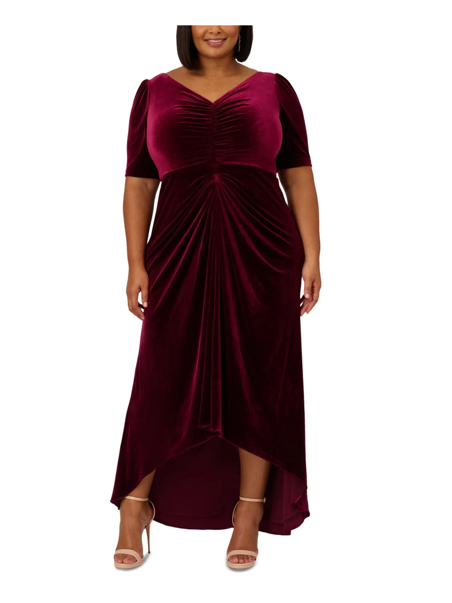 ADRIANNA PAPELL Womens Burgundy Ruched Zippered Lined Elbow Sleeve V Neck Full-Length Evening Hi-Lo Dress