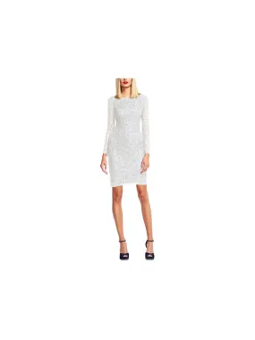 ADRIANNA PAPELL Womens Ivory Sequined Zippered Lined Long Sleeve Boat Neck Above The Knee Evening Sheath Dress