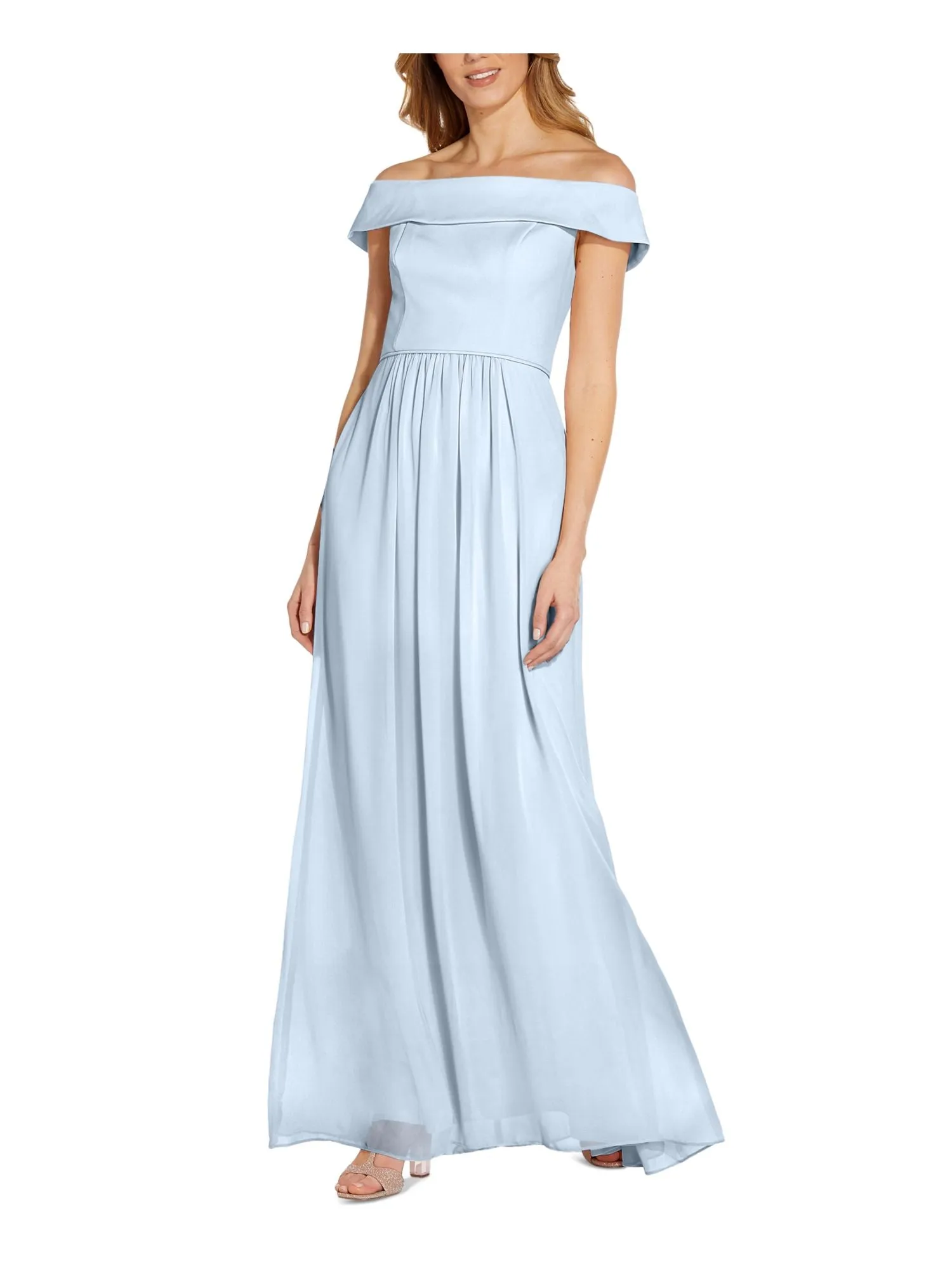 ADRIANNA PAPELL Womens Light Blue Pleated Zippered Chiffon Short Sleeve Off Shoulder Maxi Formal Fit   Flare Dress