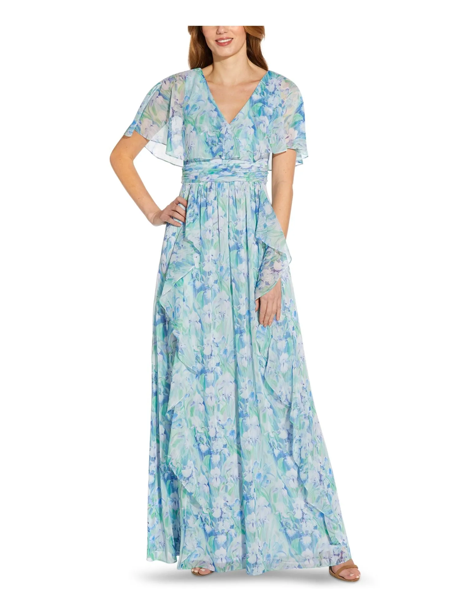 ADRIANNA PAPELL Womens Light Blue Zippered Pleated Lined Sheer Cape Overlay Ruffled Floral Short Sleeve V Neck Full-Length Gown Dress