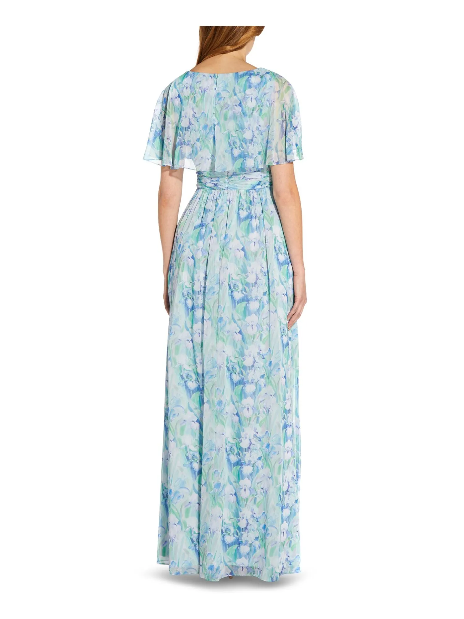 ADRIANNA PAPELL Womens Light Blue Zippered Pleated Lined Sheer Cape Overlay Ruffled Floral Short Sleeve V Neck Full-Length Gown Dress