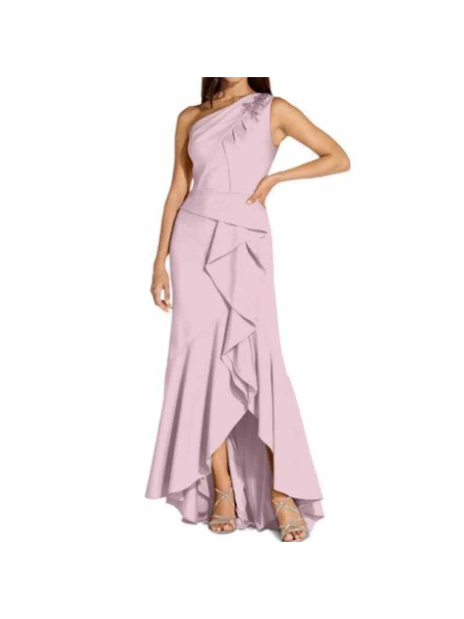 ADRIANNA PAPELL Womens Pink Stretch Beaded Zippered Pleated Ruffled Lined Sleeveless Asymmetrical Neckline Full-Length Evening Gown Dress