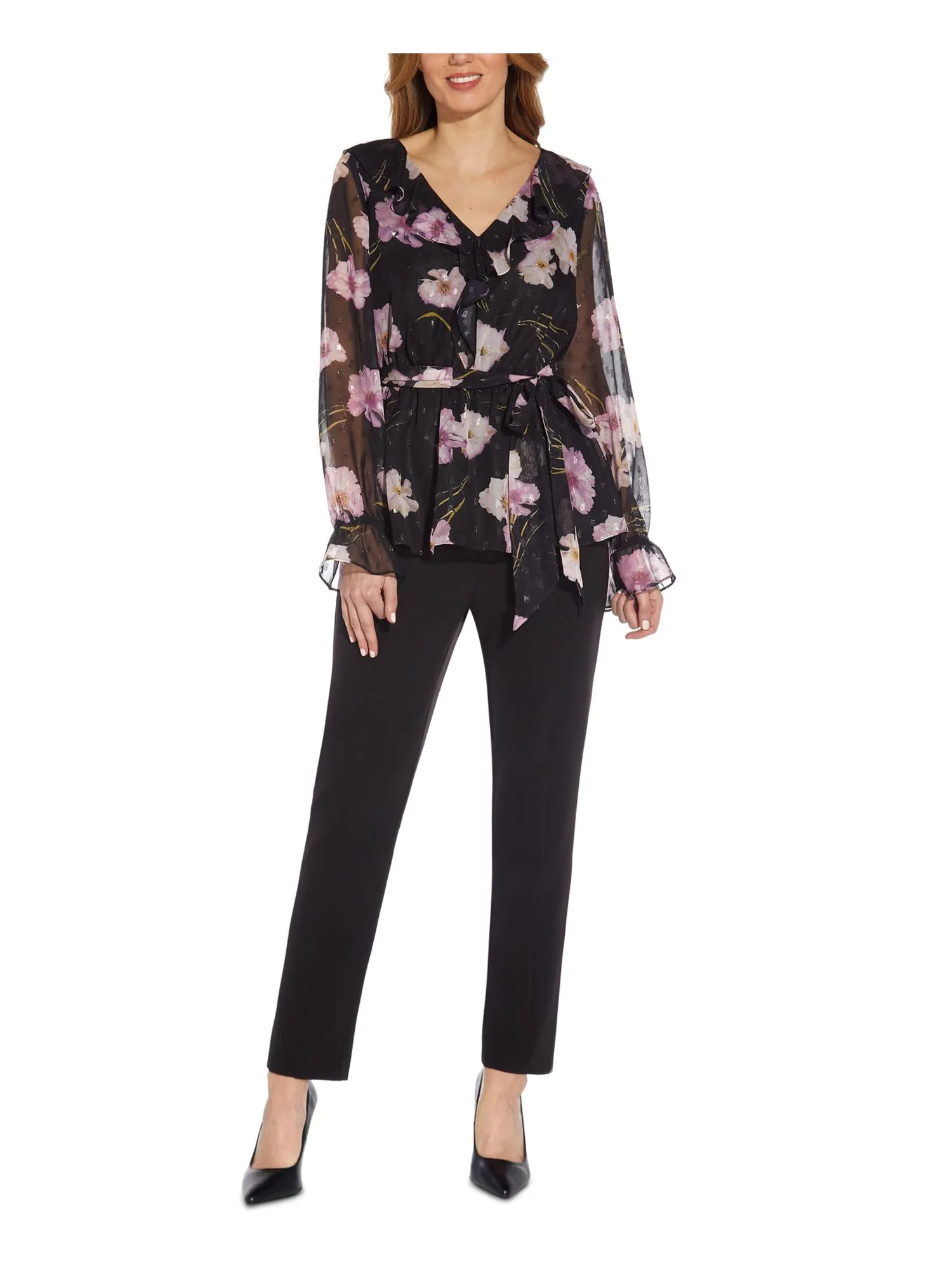 ADRIANNA PAPELL Womens Sheer Floral Balloon Sleeve V Neck Wear To Work Top