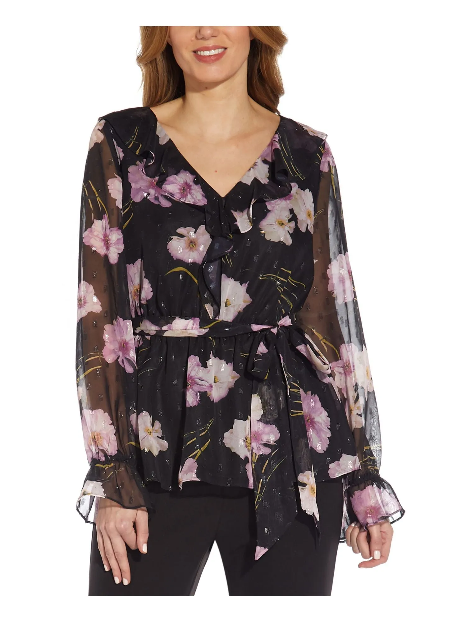 ADRIANNA PAPELL Womens Sheer Floral Balloon Sleeve V Neck Wear To Work Top