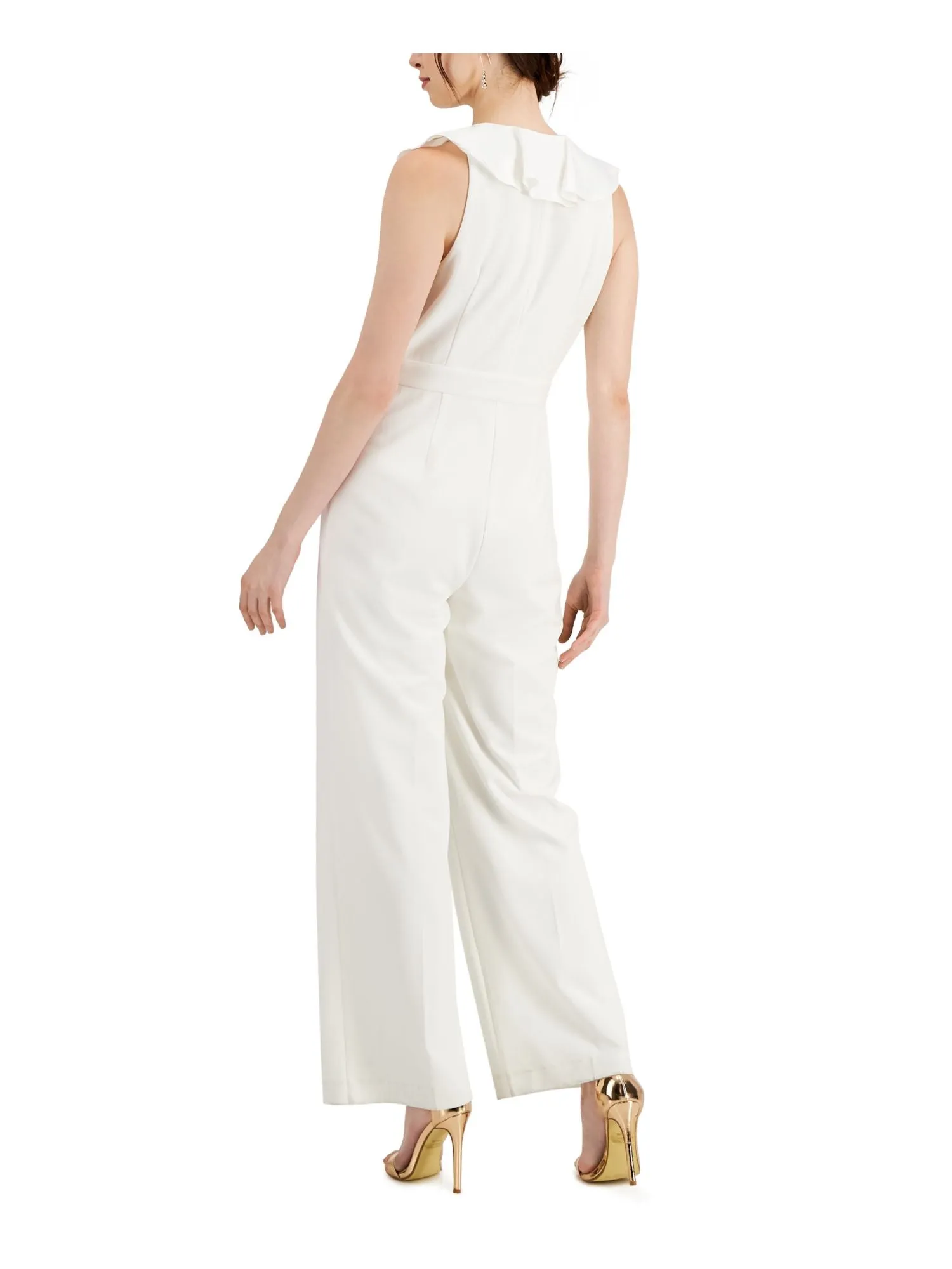 ADRIANNA PAPELL Womens White Stretch Ruffled Zippered Belted Sleeveless Surplice Neckline Formal Wide Leg Jumpsuit