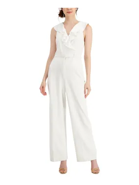 ADRIANNA PAPELL Womens White Stretch Ruffled Zippered Belted Sleeveless Surplice Neckline Formal Wide Leg Jumpsuit