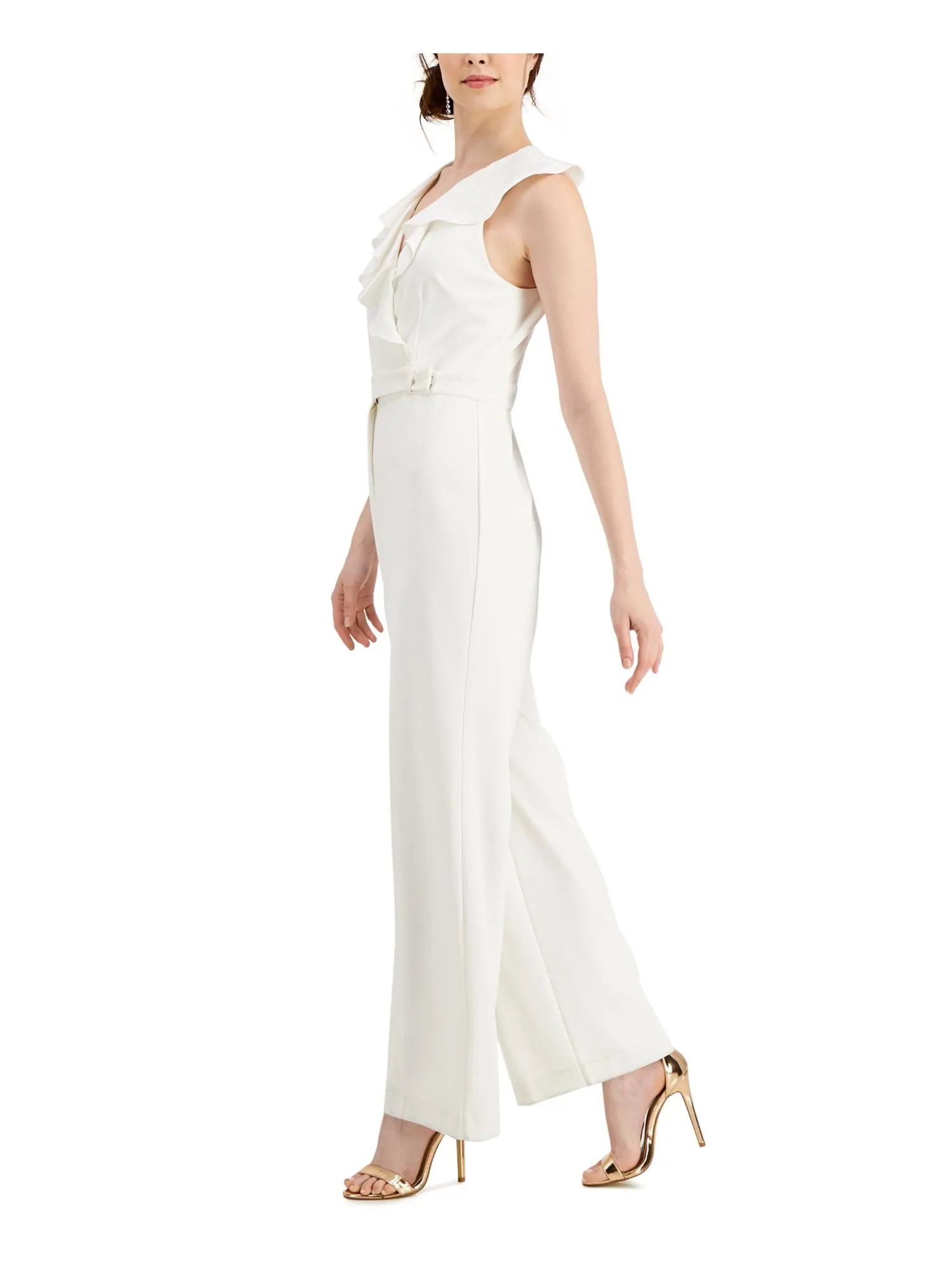 ADRIANNA PAPELL Womens White Stretch Ruffled Zippered Belted Sleeveless Surplice Neckline Formal Wide Leg Jumpsuit