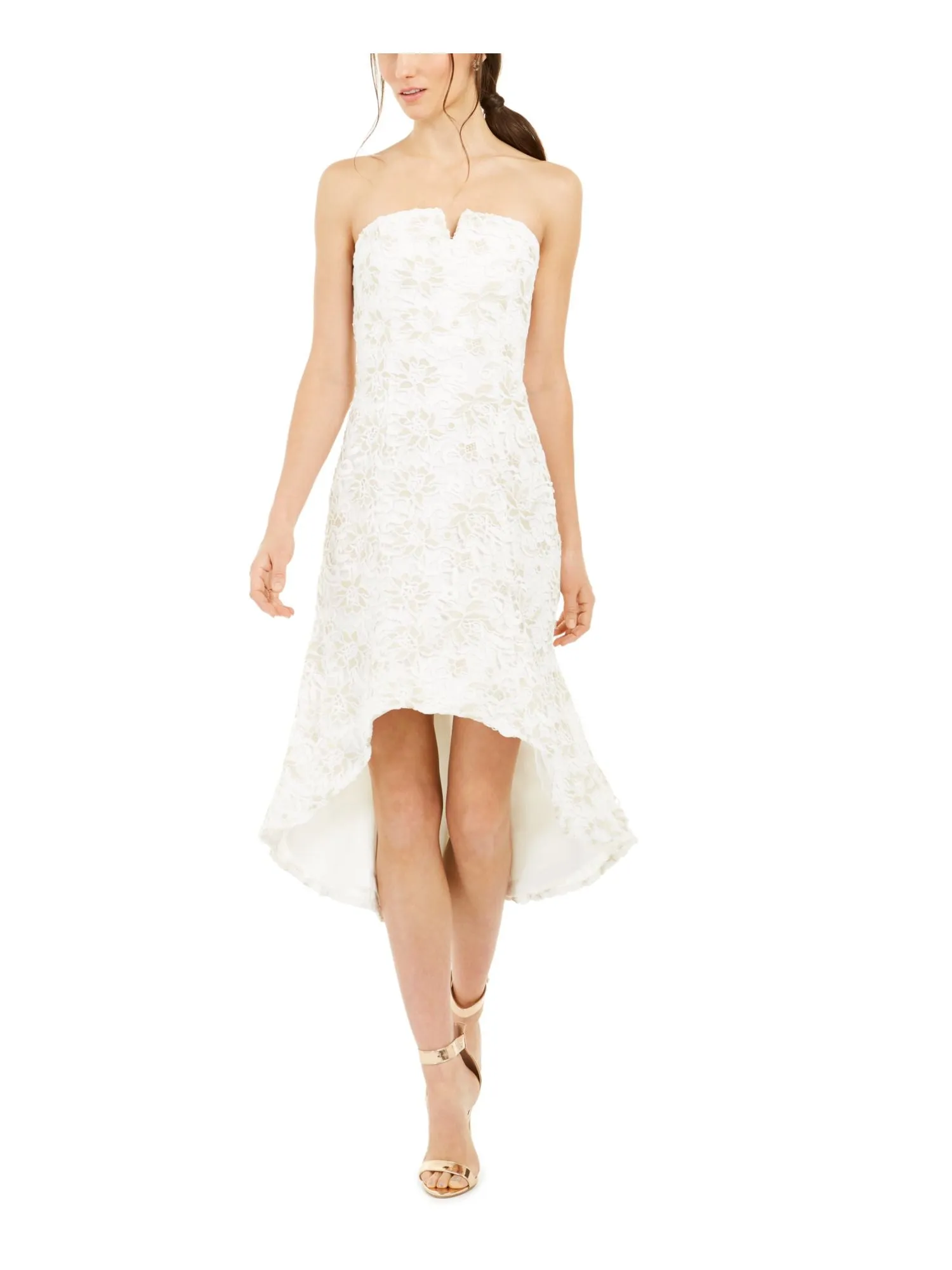 ADRIANNA PAPELL Womens White Zippered Lace Floral Strapless Below The Knee Evening Hi-Lo Dress