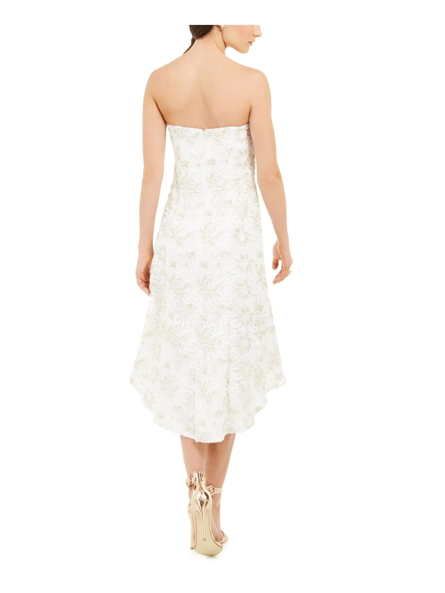 ADRIANNA PAPELL Womens White Zippered Lace Floral Strapless Below The Knee Evening Hi-Lo Dress