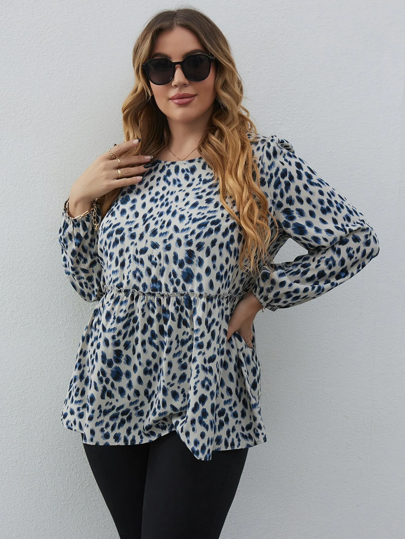 All Over Print Ruffle Hem Long Sleeve Round Neck Flared Regular Plus Blouse