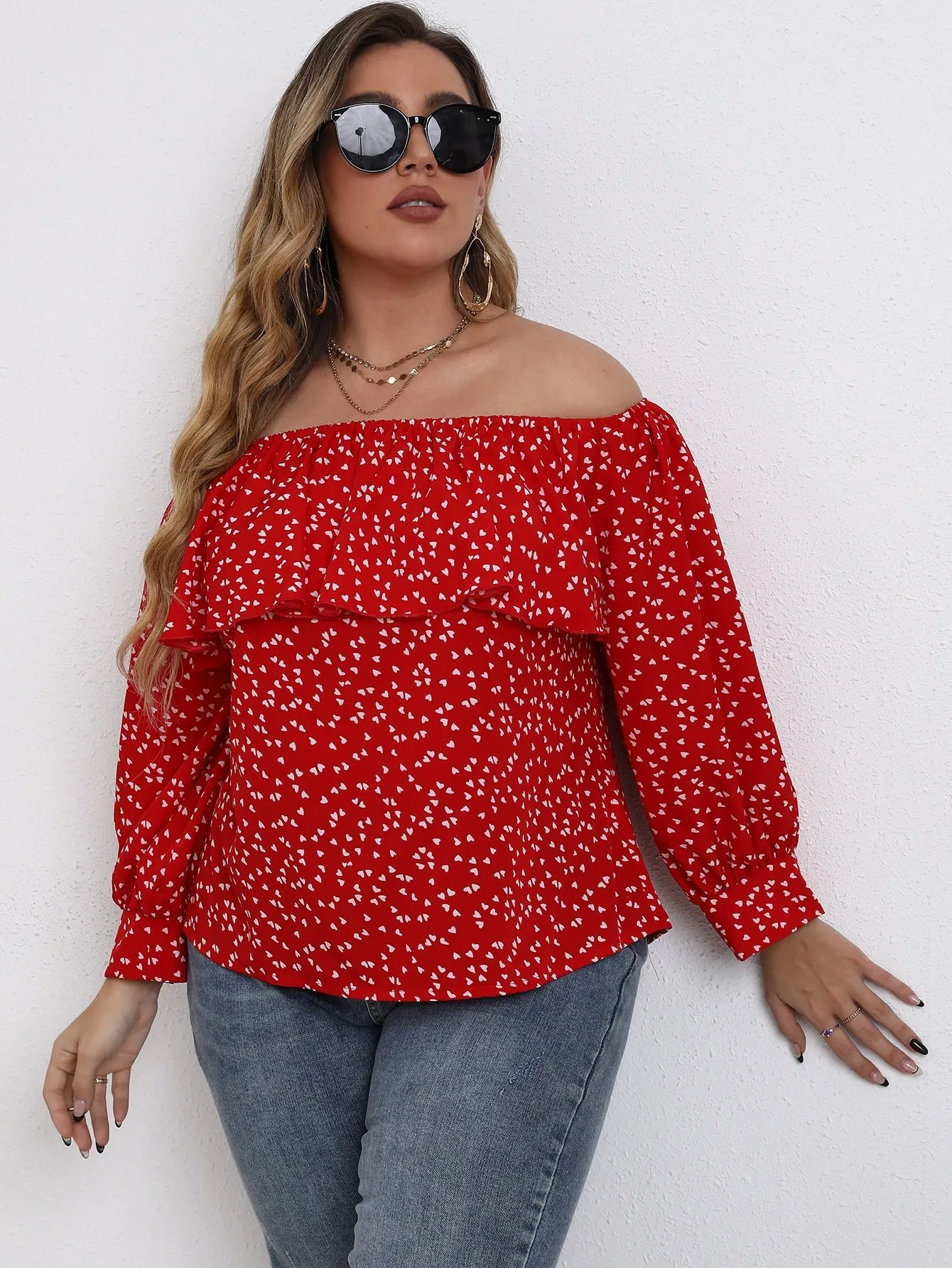 All Over Print Ruffle Long Sleeve Off The Shoulder Regular Plus Size Blouse