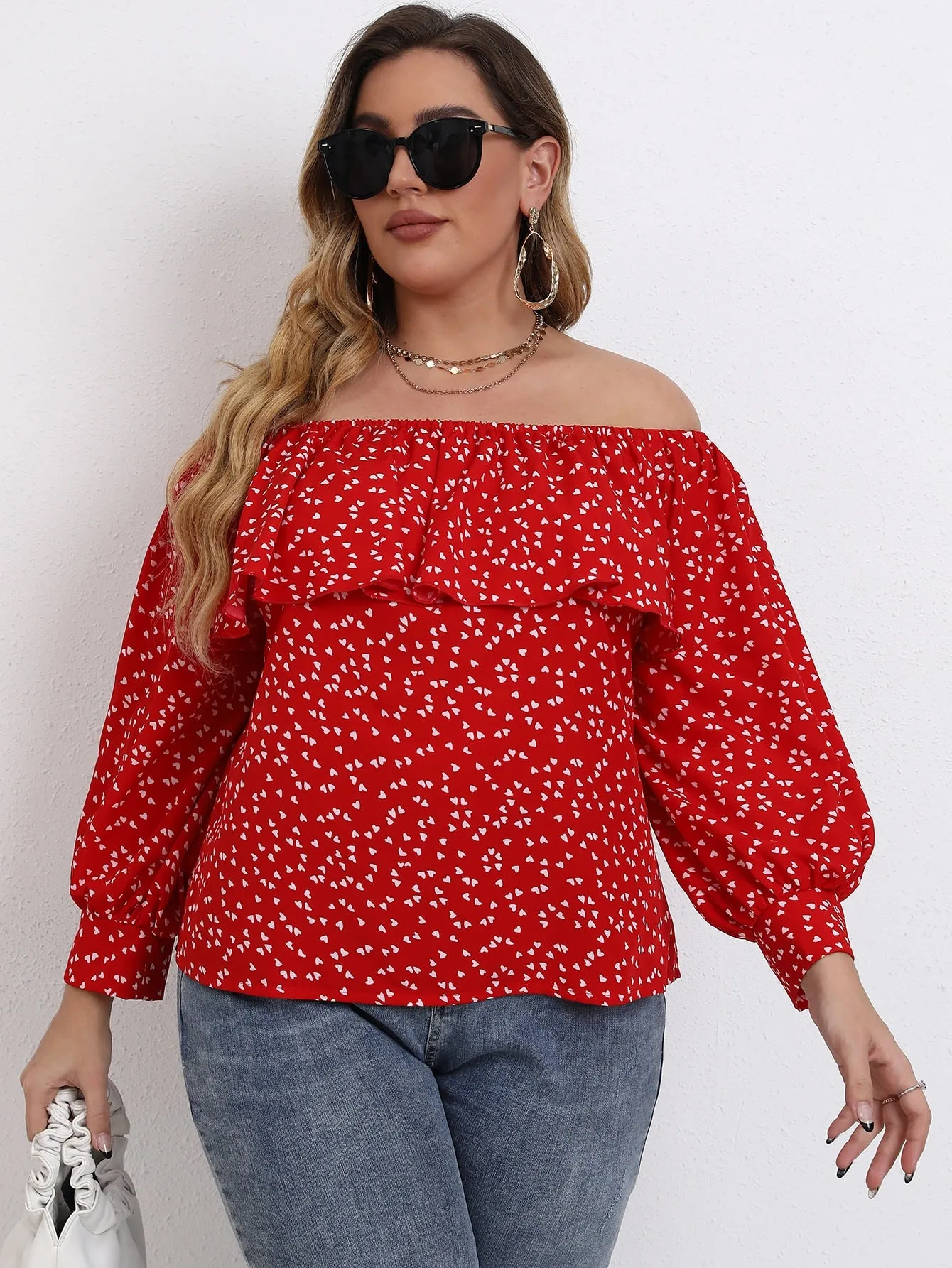 All Over Print Ruffle Long Sleeve Off The Shoulder Regular Plus Size Blouse