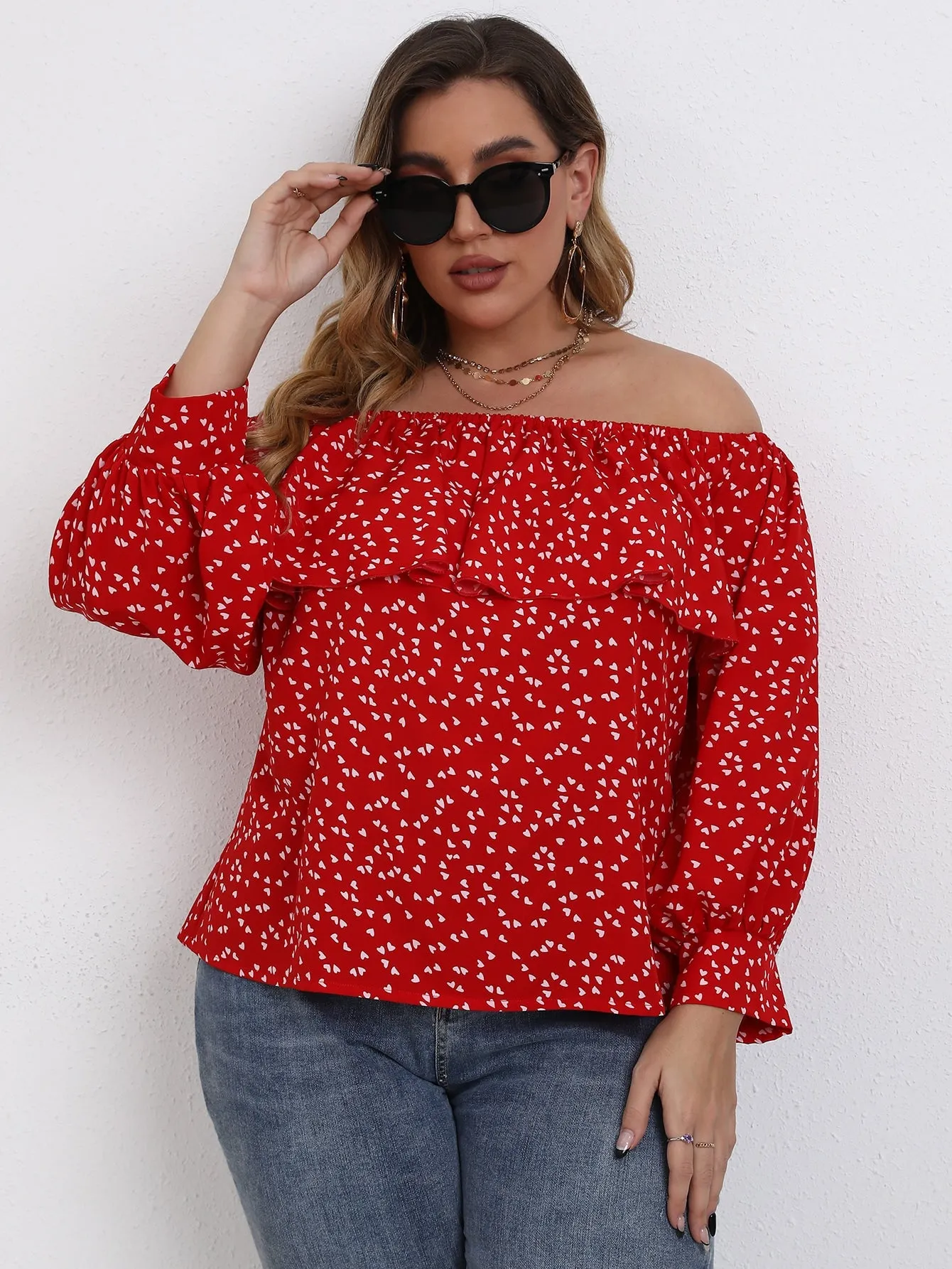 All Over Print Ruffle Long Sleeve Off The Shoulder Regular Plus Size Blouse