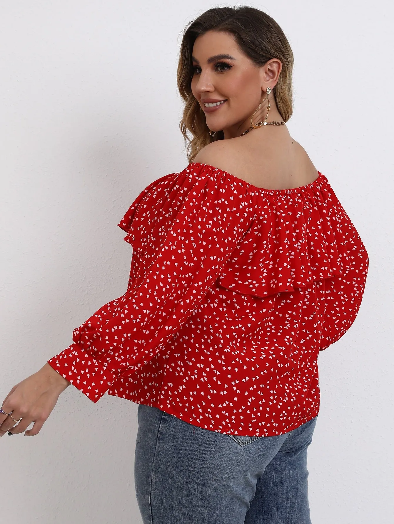 All Over Print Ruffle Long Sleeve Off The Shoulder Regular Plus Size Blouse