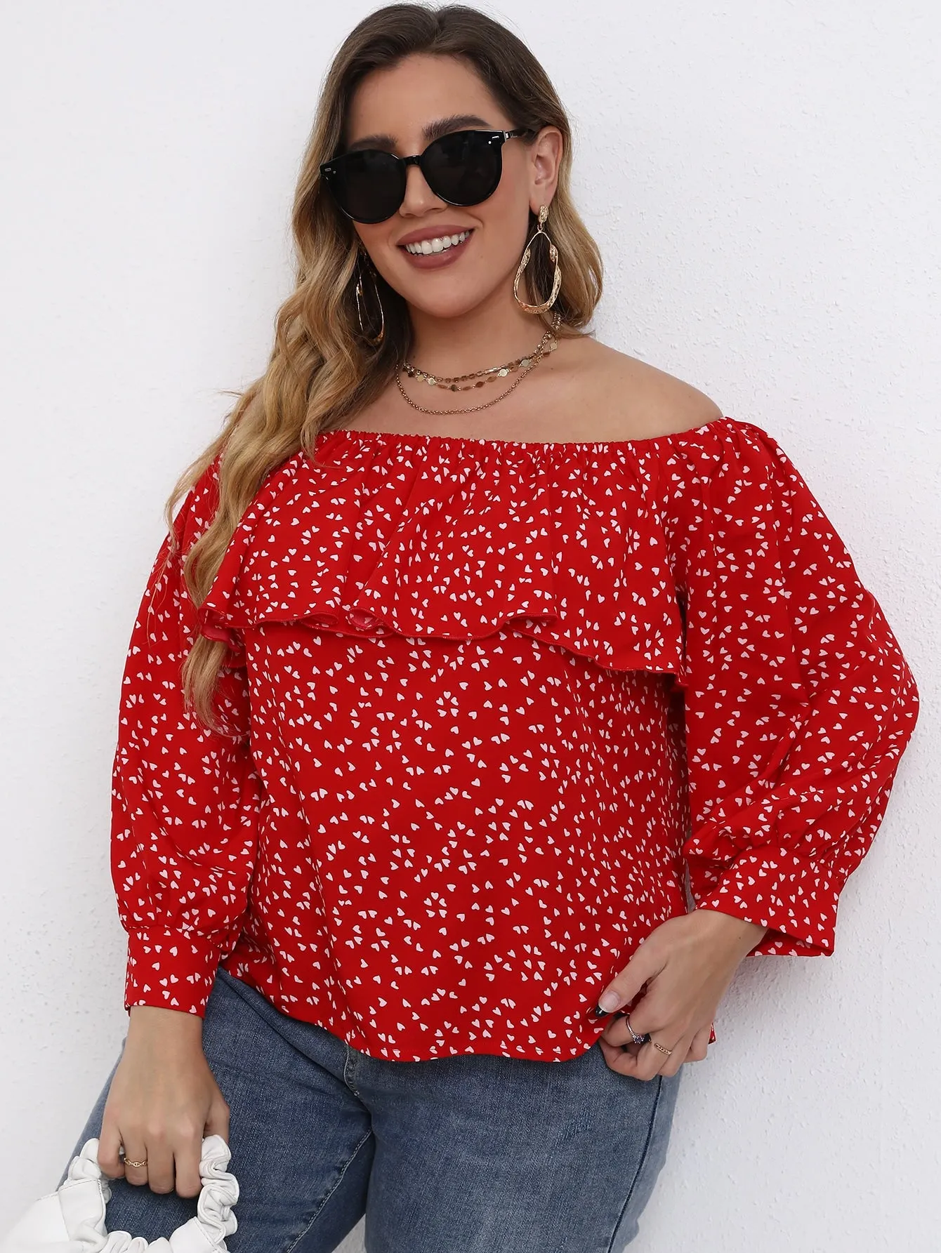 All Over Print Ruffle Long Sleeve Off The Shoulder Regular Plus Size Blouse