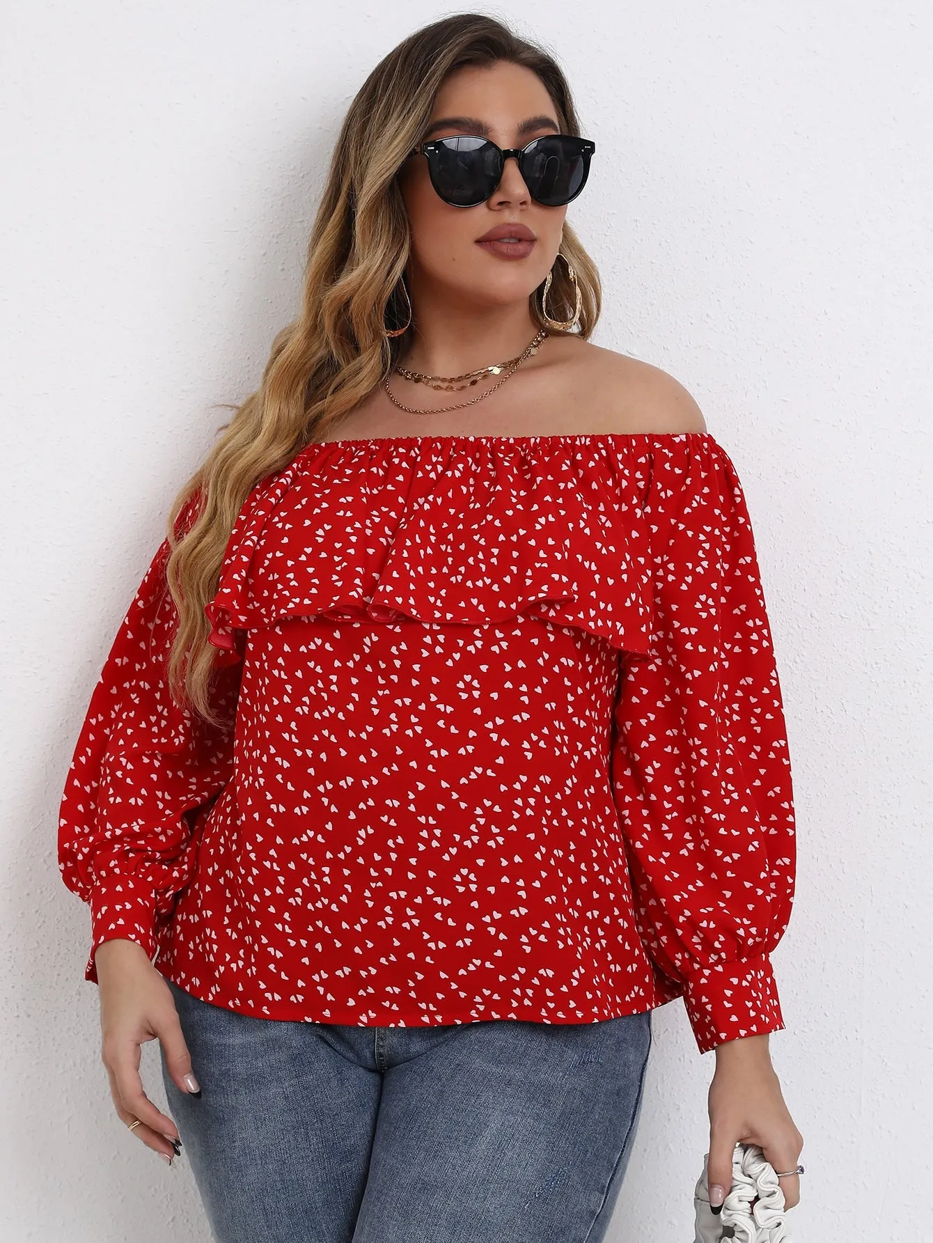 All Over Print Ruffle Long Sleeve Off The Shoulder Regular Plus Size Blouse