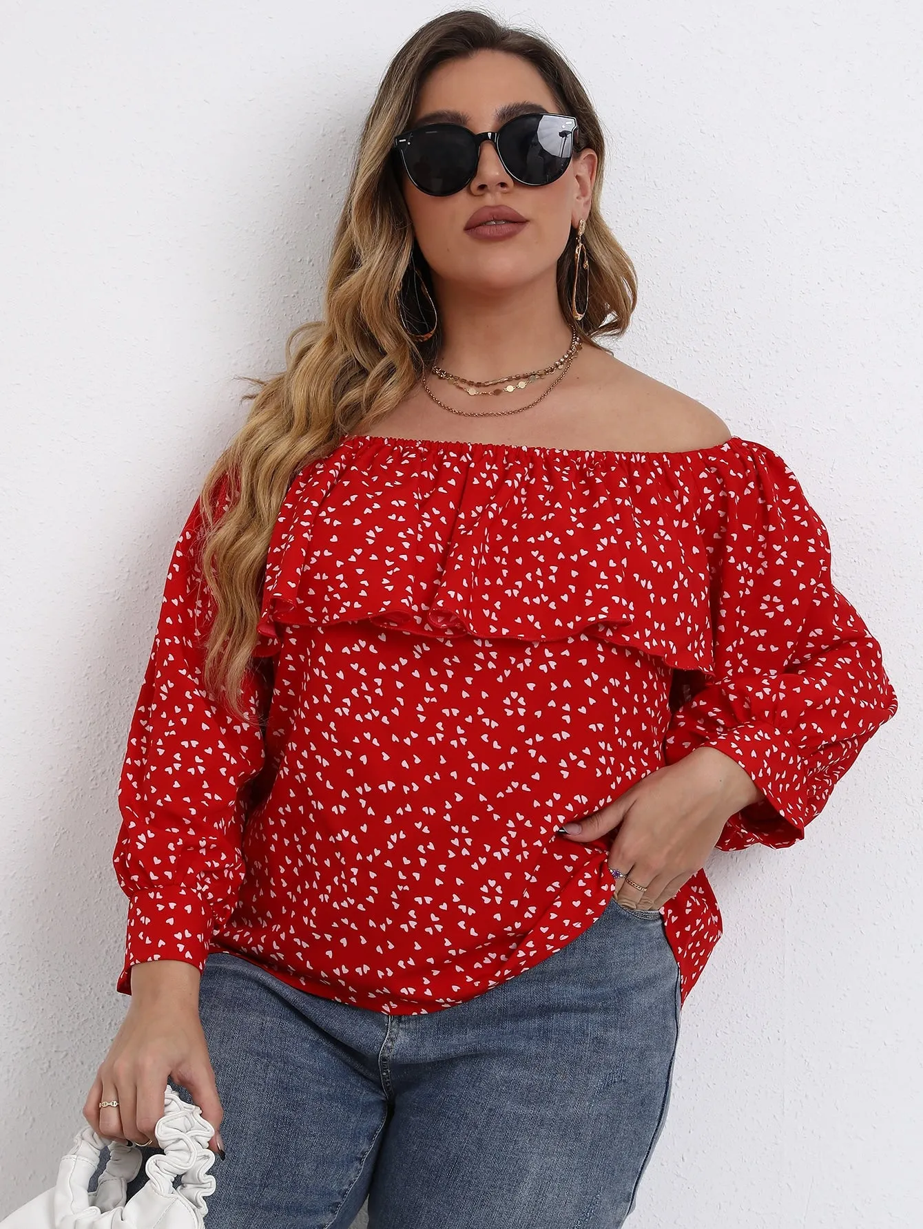 All Over Print Ruffle Long Sleeve Off The Shoulder Regular Plus Size Blouse