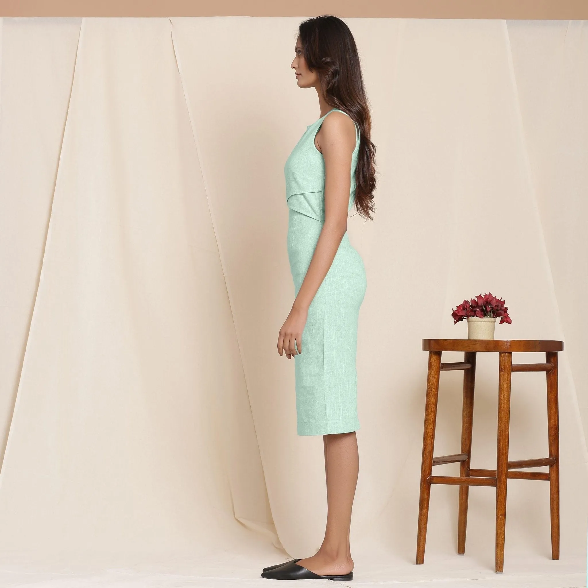 Aqua Yarn Dyed Cotton Knee Length Sheath Dress