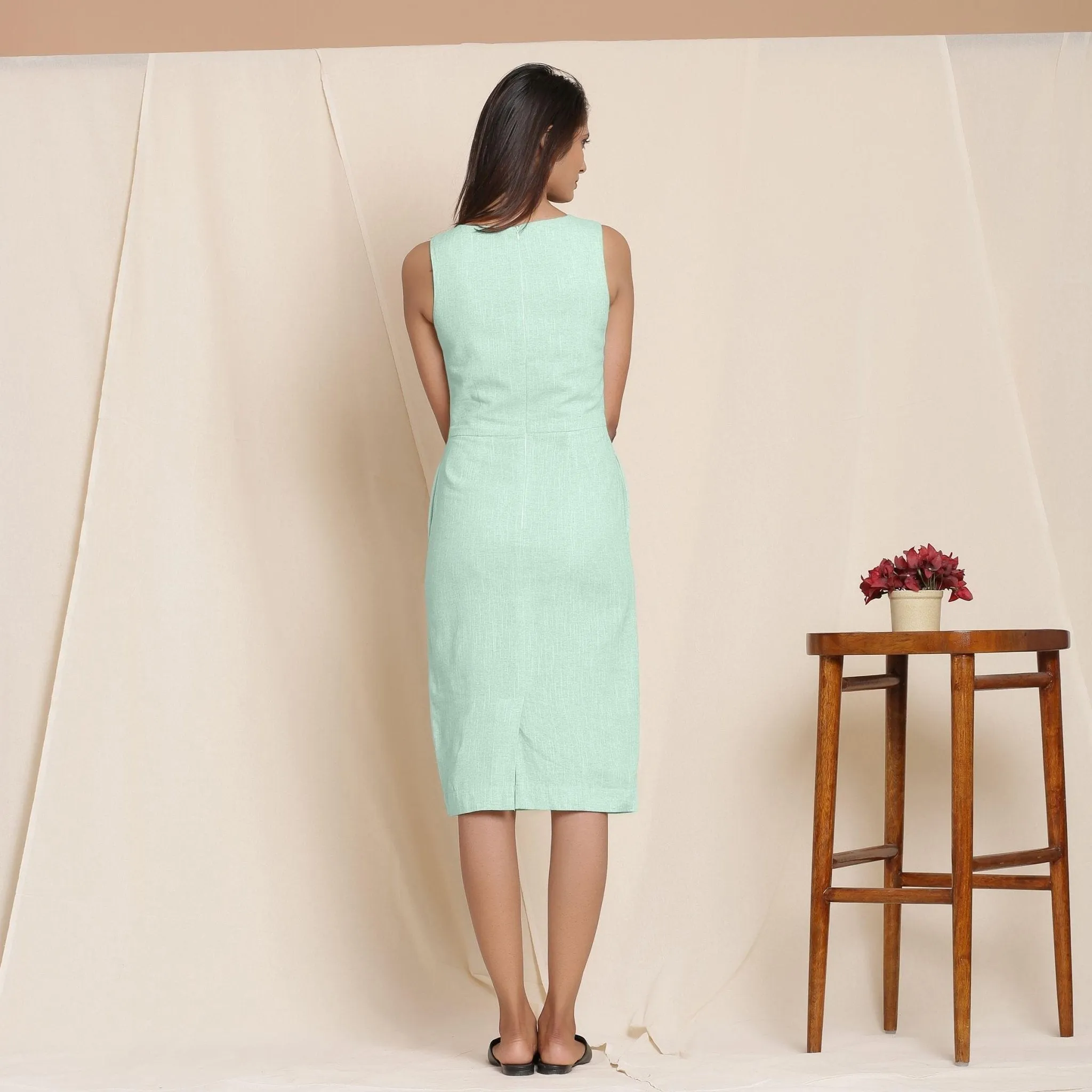 Aqua Yarn Dyed Cotton Knee Length Sheath Dress