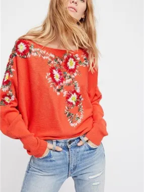 Autumn Winter Bohemian National Style Round Neck Flower Embroidery Thread Loose Sweater Coat