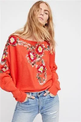 Autumn Winter Bohemian National Style Round Neck Flower Embroidery Thread Loose Sweater Coat