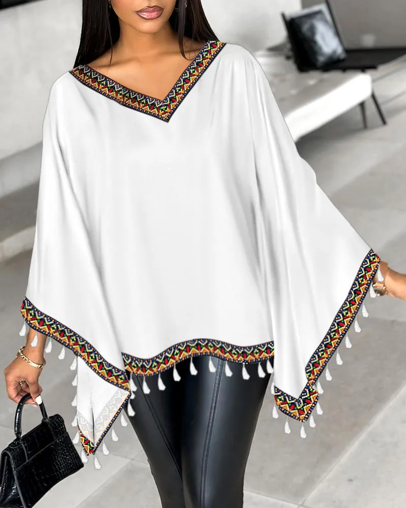 Aztec Geometric Tape Patch Batwing Sleeve Top