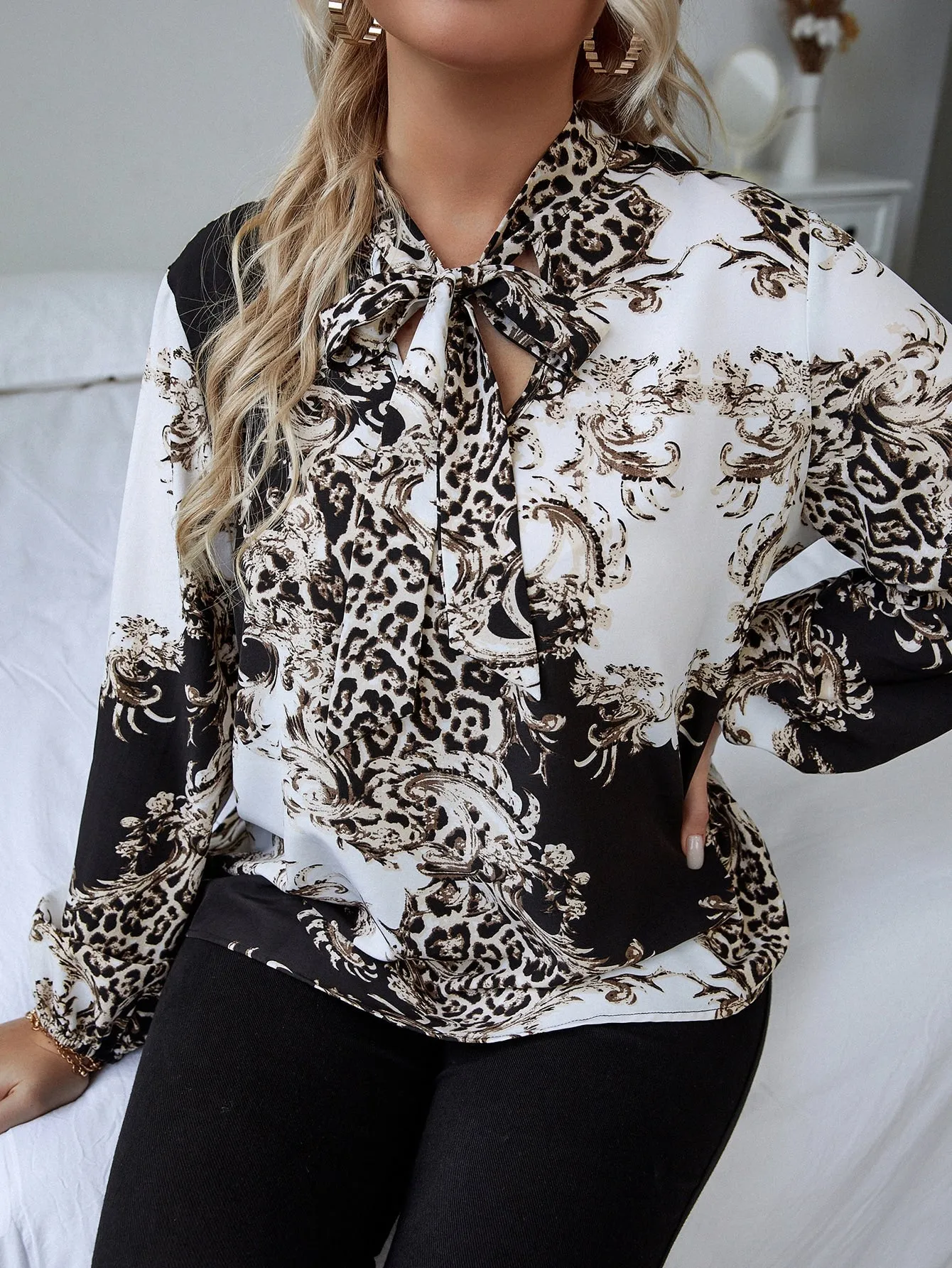 Baroque Tie Front Long Sleeve Tie Neck Regular Plus Size Blouse