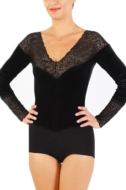 Black Velvet And Lace Bodysuit With Long Sleeves