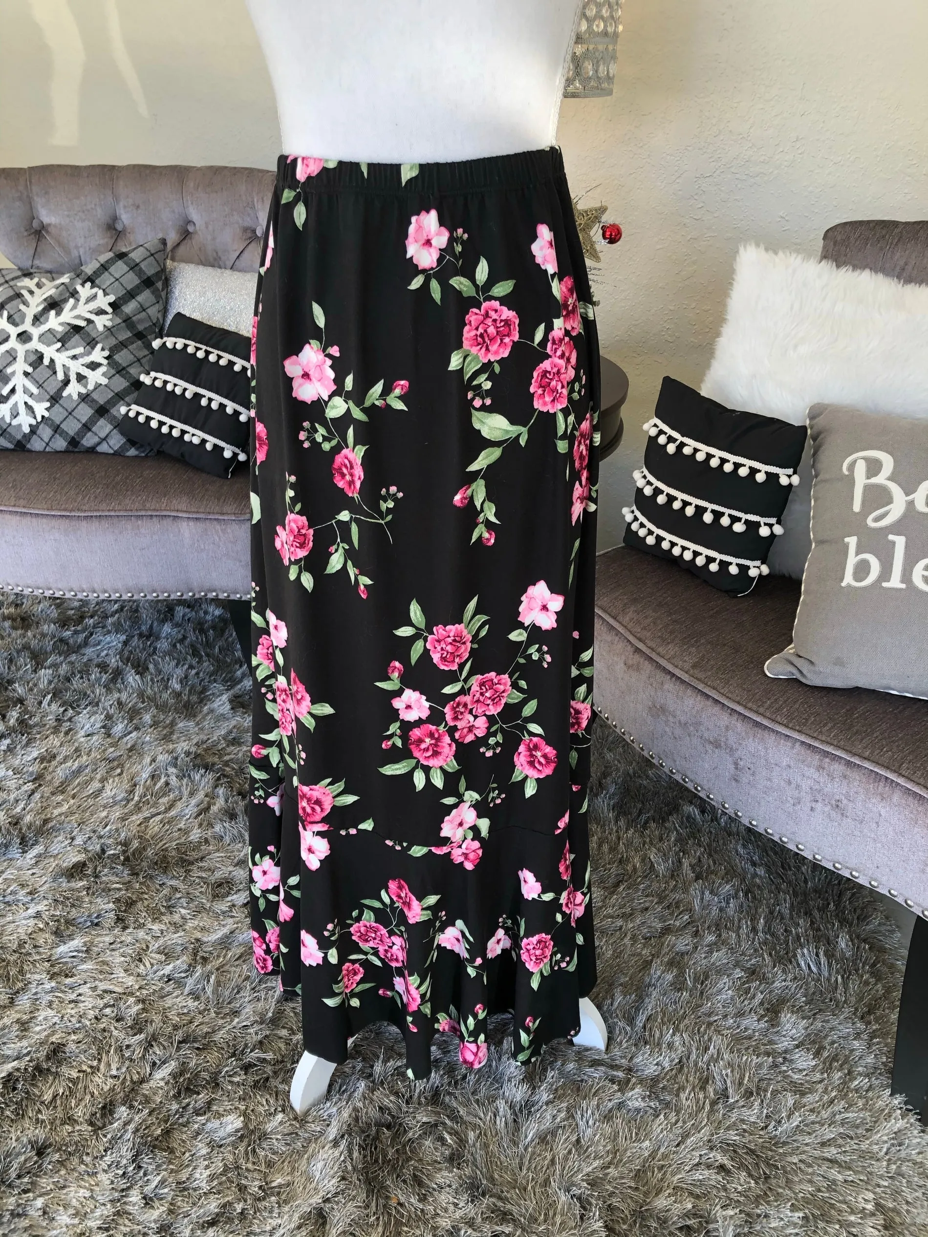 Black/Pink Floral Caroline Skirt