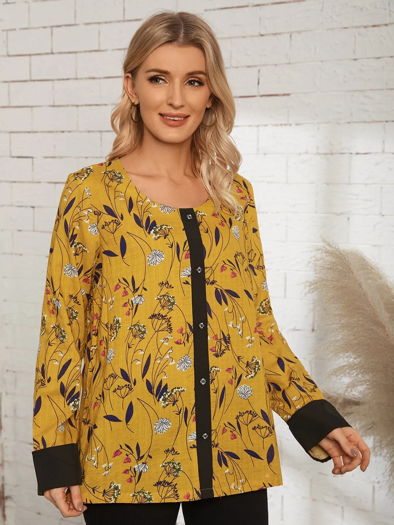 Boho All Over Print Button Long Sleeve Scoop Neck Regular Blouse