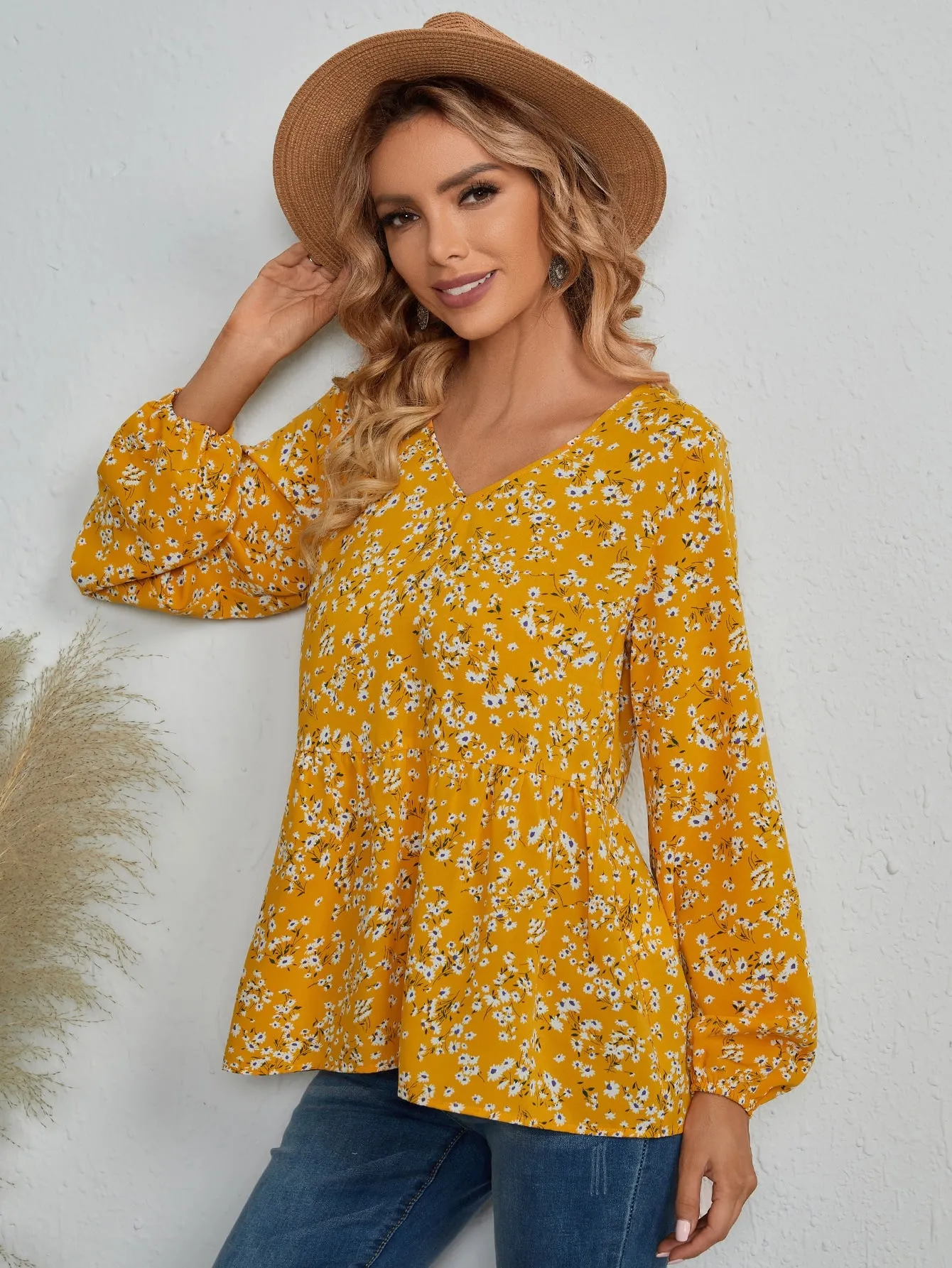 Boho Ditsy Floral Ruffle Hem Long Sleeve V Neck Flared Regular Blouse