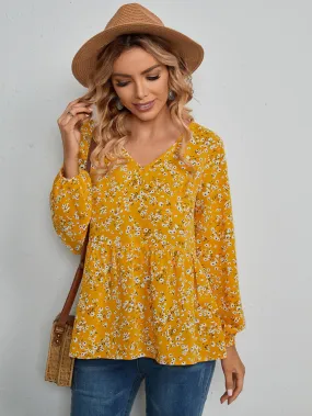 Boho Ditsy Floral Ruffle Hem Long Sleeve V Neck Flared Regular Blouse