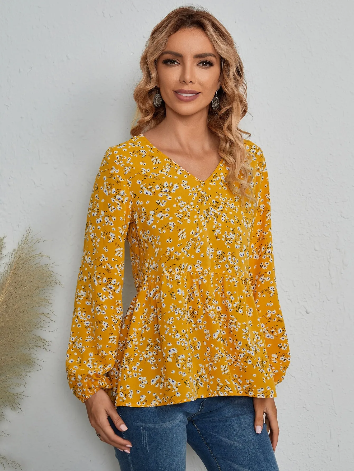 Boho Ditsy Floral Ruffle Hem Long Sleeve V Neck Flared Regular Blouse