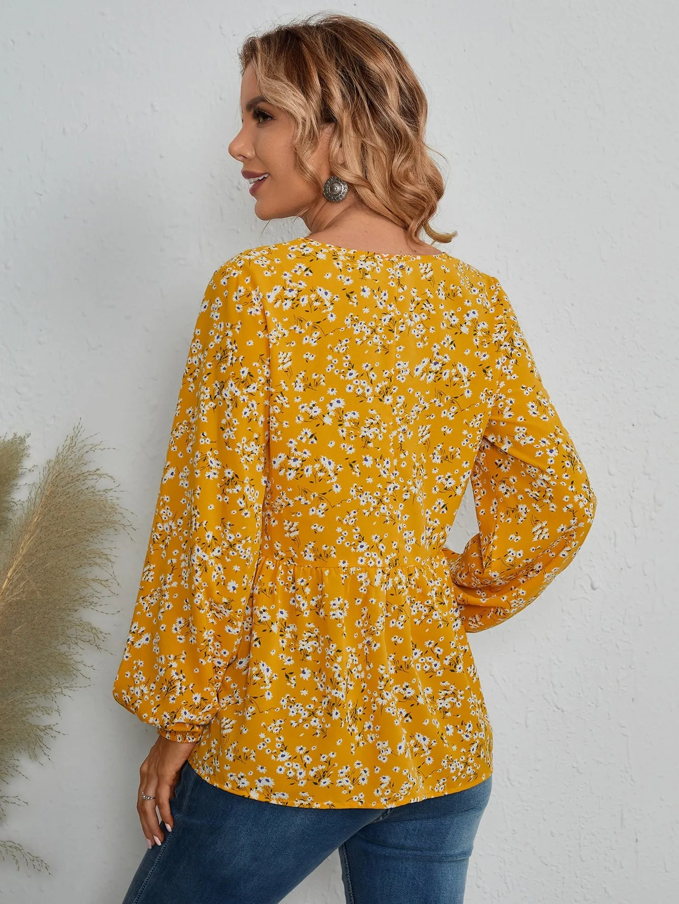 Boho Ditsy Floral Ruffle Hem Long Sleeve V Neck Flared Regular Blouse