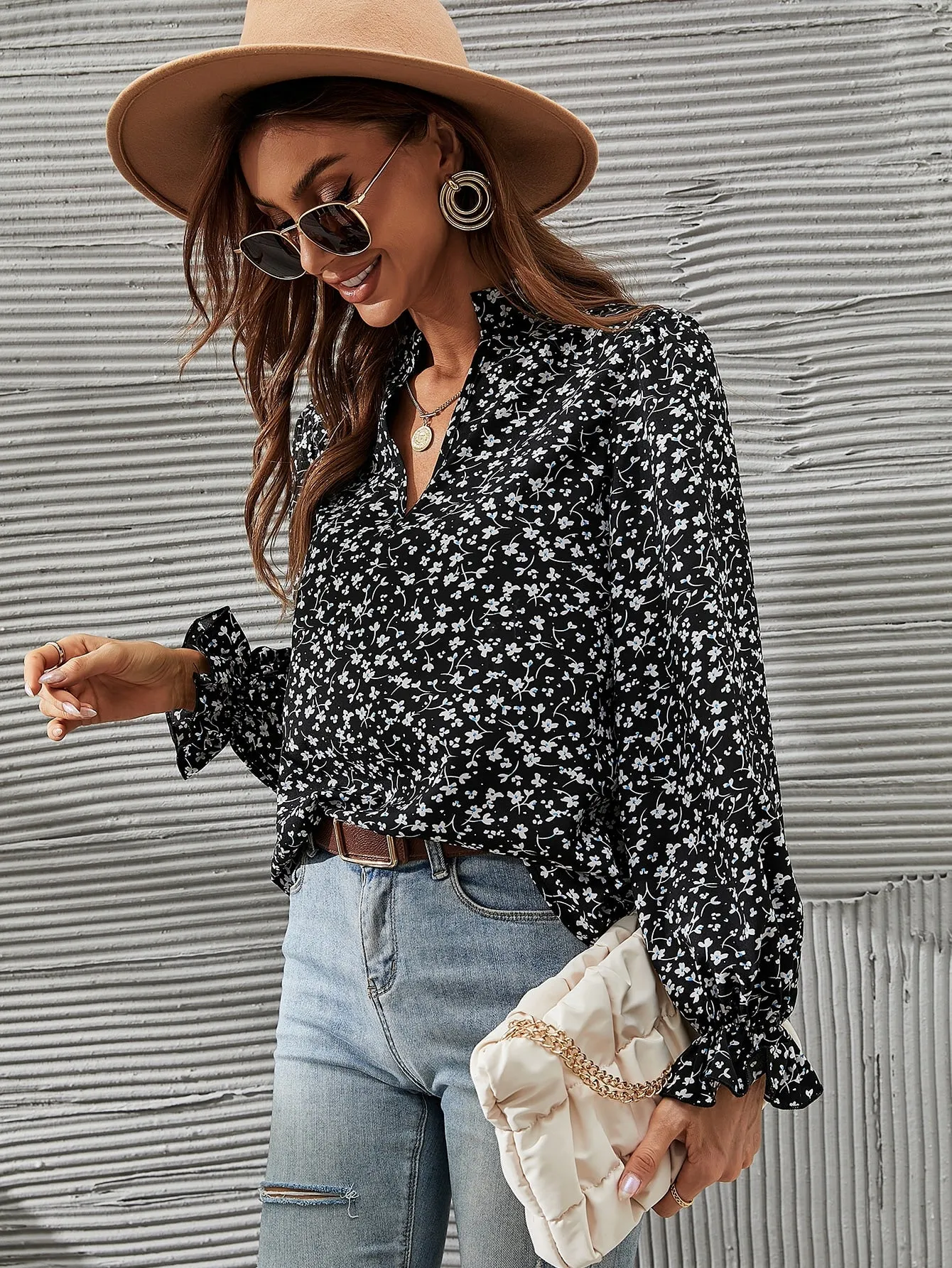 Boho Ditsy Floral Ruffle Long Sleeve Notched Regular Blouse