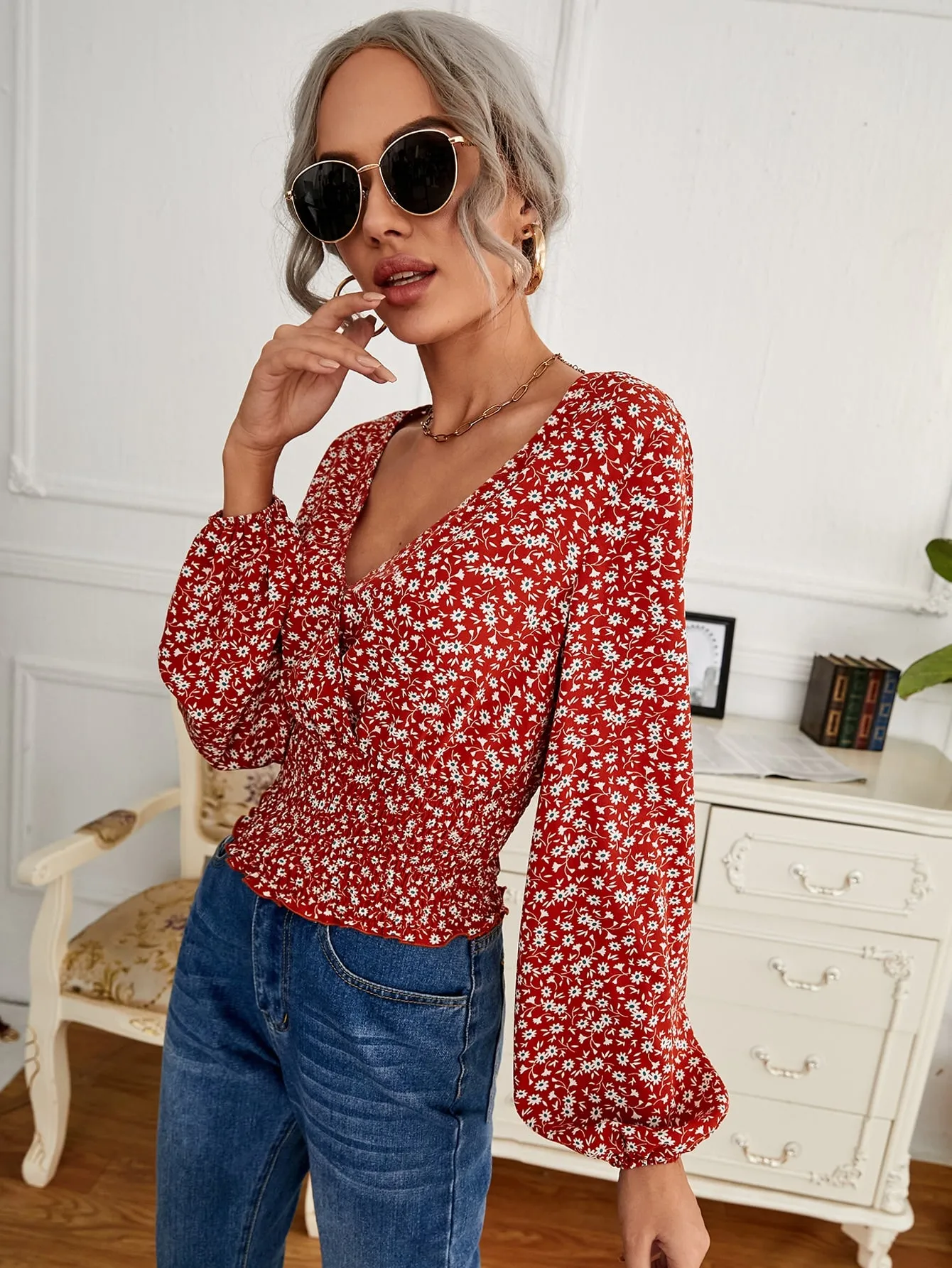 Boho Ditsy Floral Shirred Long Sleeve V Neck Crop Blouse