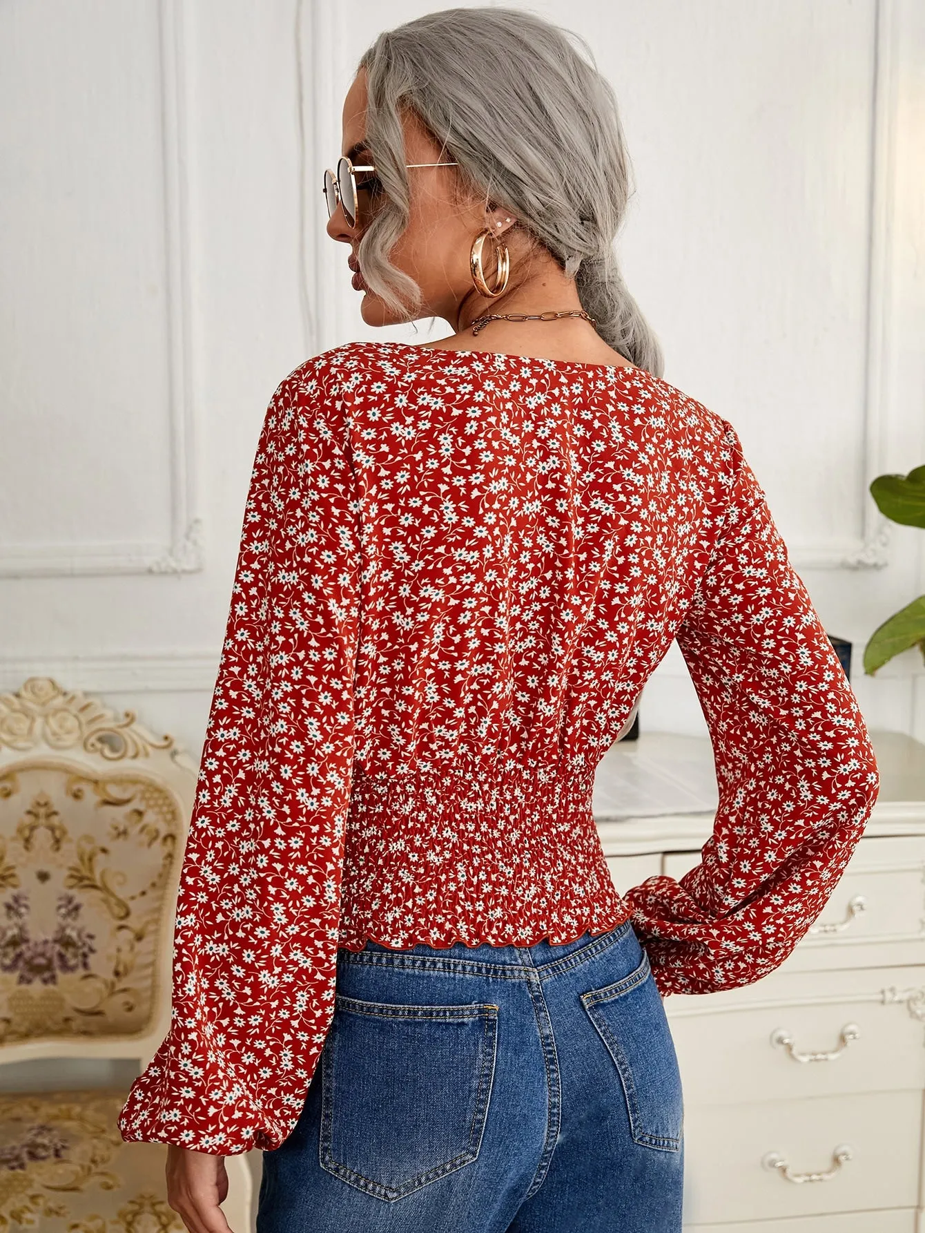 Boho Ditsy Floral Shirred Long Sleeve V Neck Crop Blouse