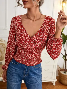 Boho Ditsy Floral Shirred Long Sleeve V Neck Crop Blouse