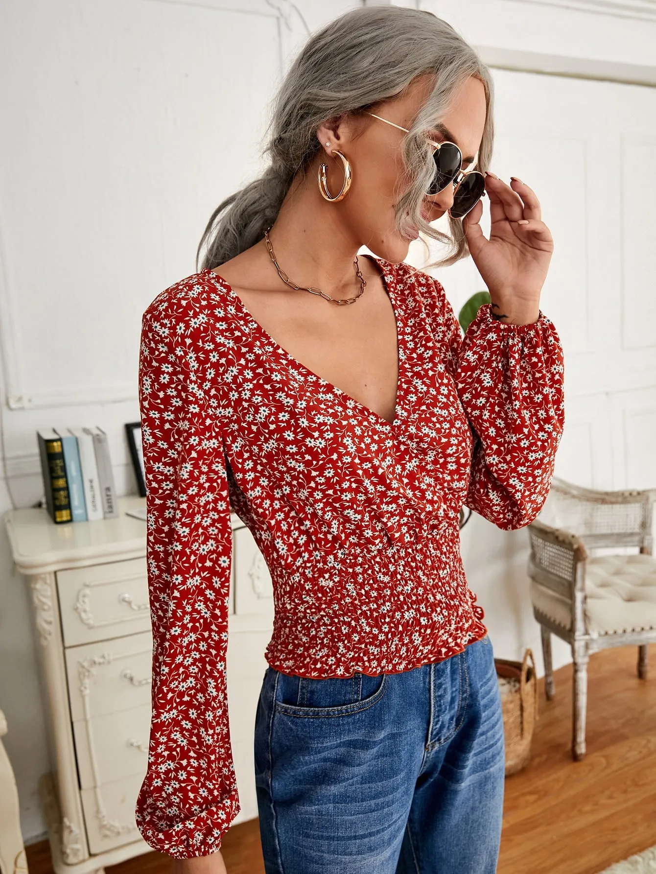 Boho Ditsy Floral Shirred Long Sleeve V Neck Crop Blouse