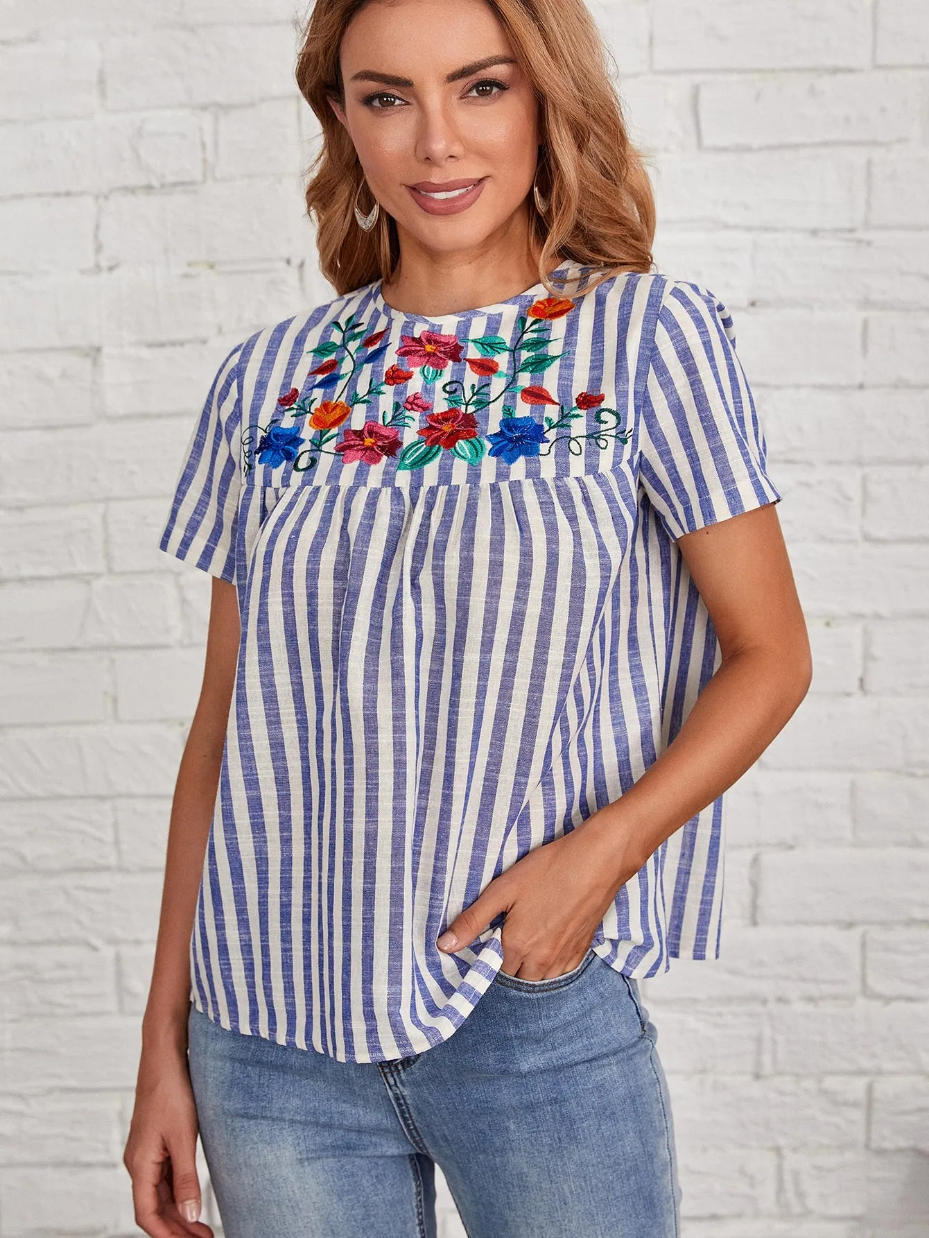 Boho Floral Button Short Sleeve Round Neck Regular Blouse