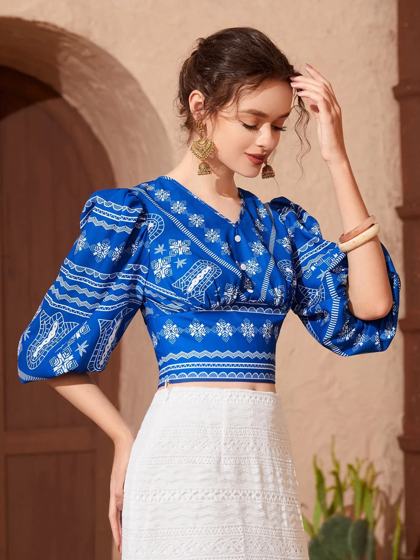 Boho Geometric Ruched Half Sleeve V Neck Crop Blouse