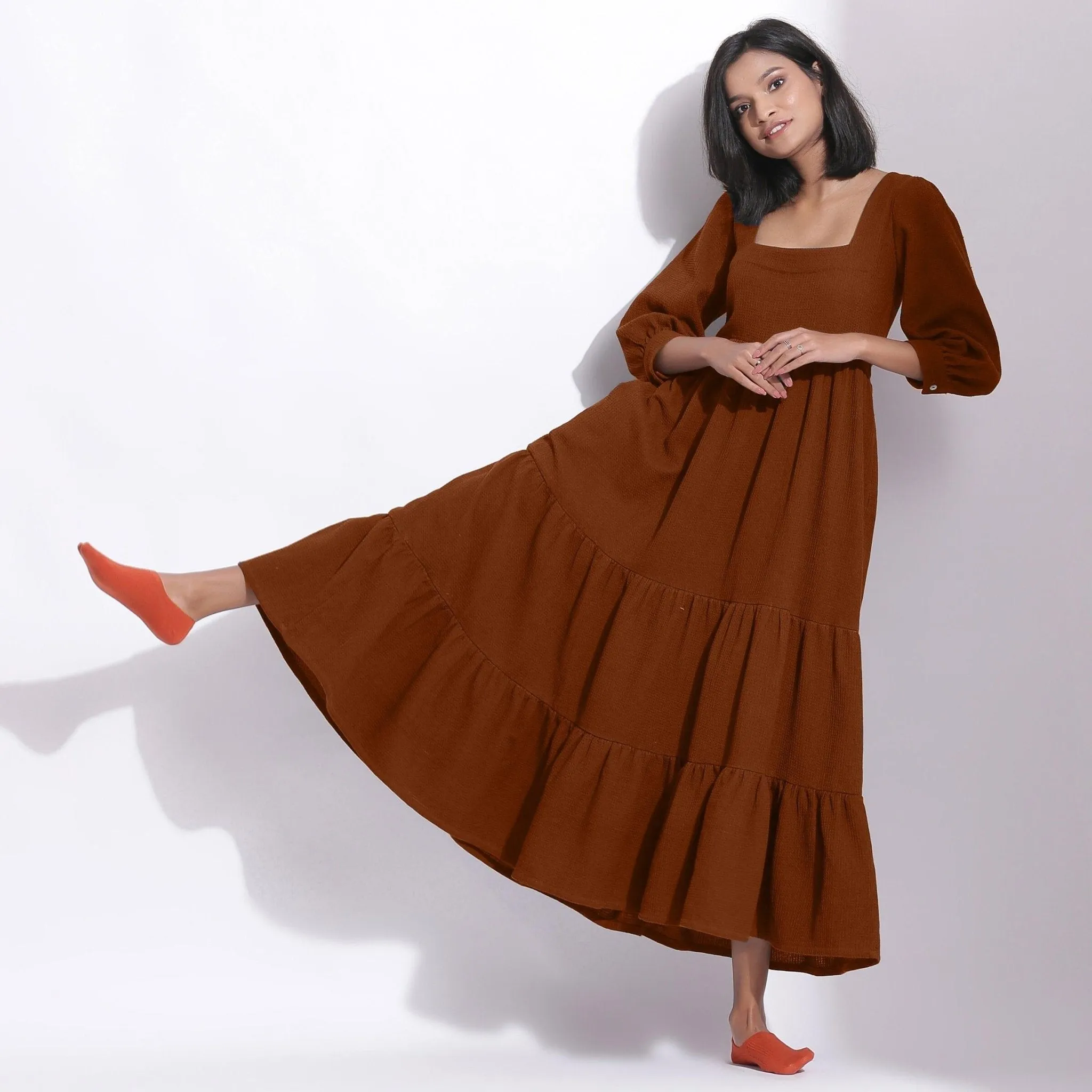 Brown Warm Cotton Waffle Tier Maxi Dress