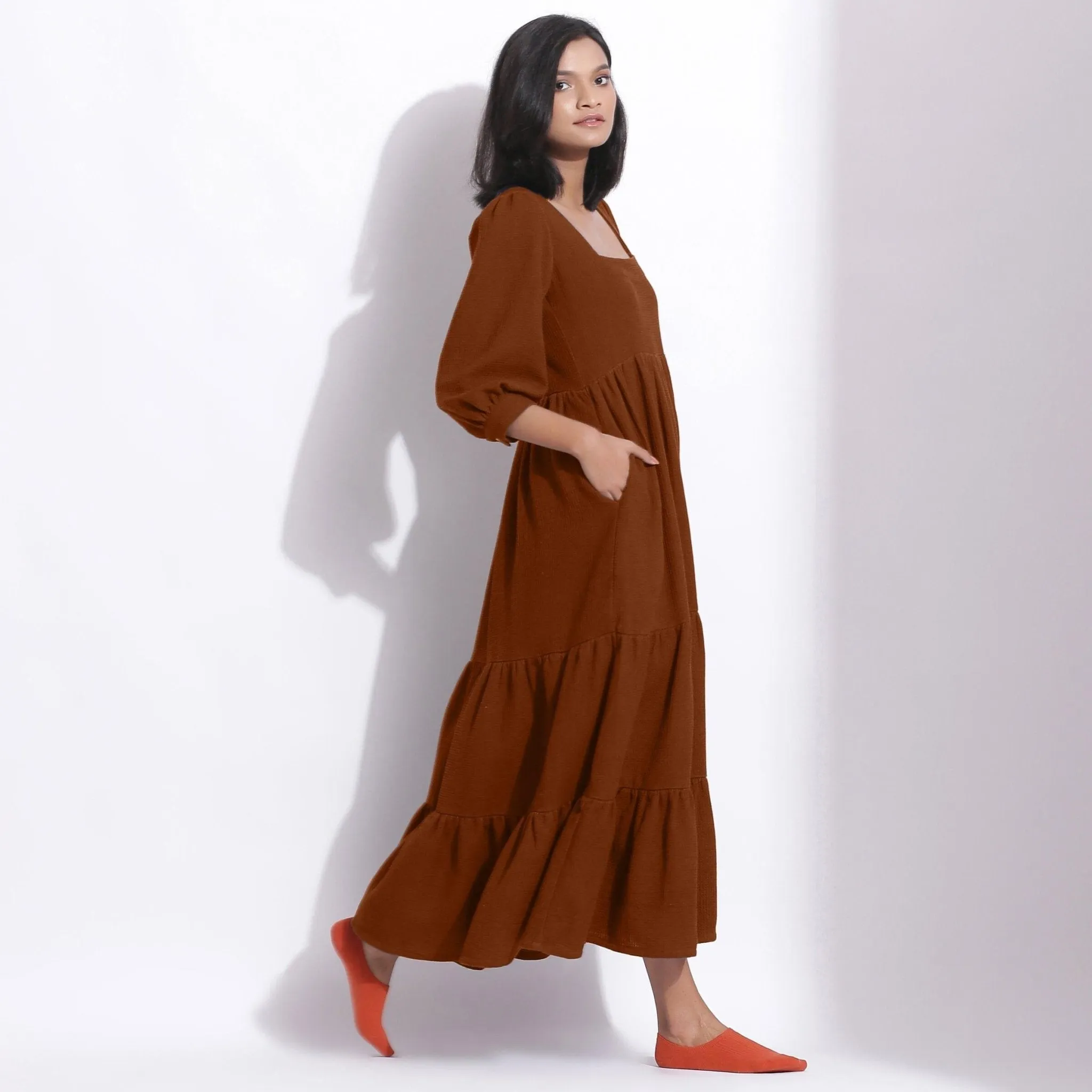 Brown Warm Cotton Waffle Tier Maxi Dress