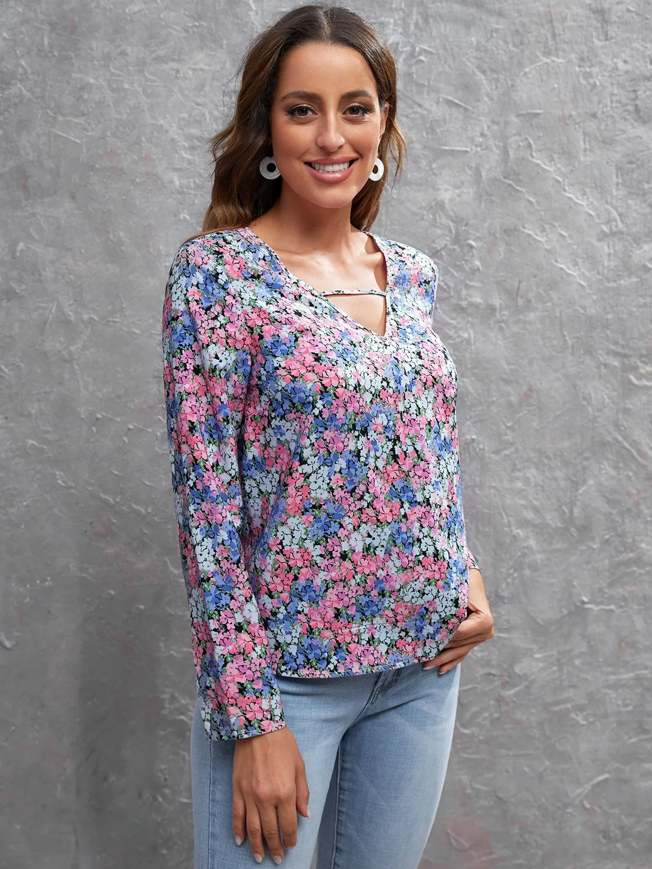 Casual All Over Print Long Sleeve V Neck Regular Blouse